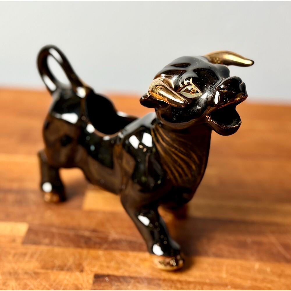 Vintage 1950s Black Bull Creamer | Gold Accents, Mid-Century Ceramic Pitcher - Picture 4 of 15